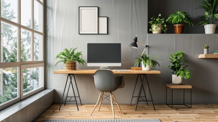 A minimalist-style home office with a sleek desk, ergonomic chair, and ample natural light, fostering productivity and creativity.