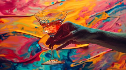 Hand taking a cocktail glass looking like a modern art painting - gallery opening concept