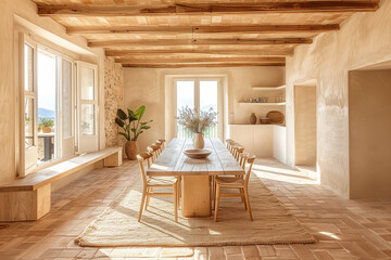 Streamlined Minimalist Dining Room Design with Earthy Palette in a Rustic Tuscan Villa, Enhanced by Bright Afternoon Light.
