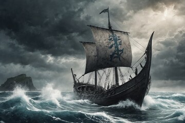 Obraz premium Survival Amid Chaos: Ancient Ship Sailing through Turbulent Waters