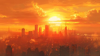 Fototapeta premium city skyline silhouetted against the golden hues of the setting sun. urban energy and dynamism of the scene