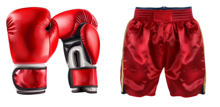 Set of Pair of red boxing gloves and red training shorts isolated on transparent background. Cut out Boxing set. Boxing Equipment Set.