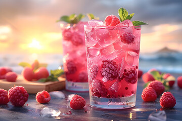 Fresh summer drinks cocktails with berries, fruits, ice and frost on glasses. Vacation open beach...