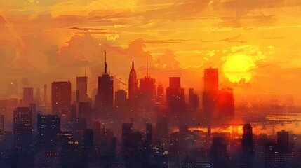 city skyline silhouetted against the golden hues of the setting sun. urban energy and dynamism of the scene