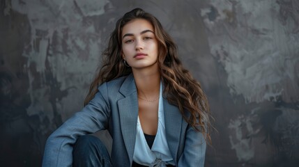 Fototapeta premium A Confident Young Businesswoman Sits On An Isolated Background, Expressing Enthusiasm And Determination