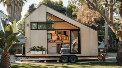 A minimalist-style tiny house with compact yet functional living spaces, showcasing innovative design solutions for small living.