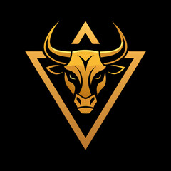 Golden Unique regal golden Bull, face view, business Logo Vector, triangle style, Luxury, premium style logo, elegant vector logo, consistency in each shape, perfect logo, dark  black combination back