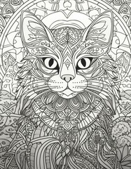 Intricate cat mandala coloring page design