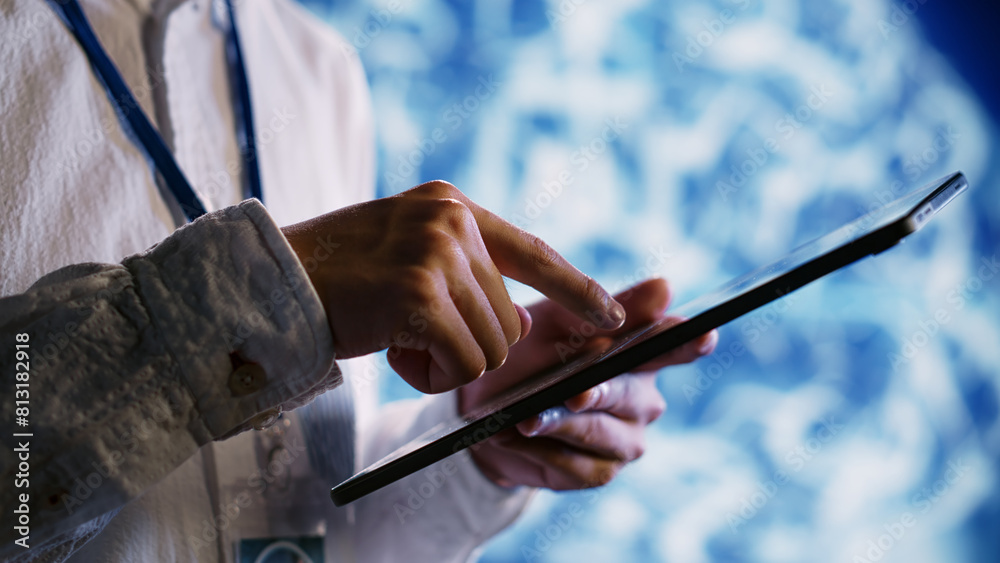 Poster licensed employee using tablet to maintenance artificial intelligence neural networks made up of int