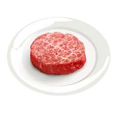 single raw meat patty on a plate . Clipart PNG image . Transparent background . Cartoon vector style