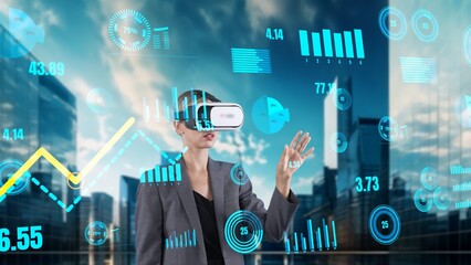 Woman searching dynamic data using hand sliding graph analysis by VR of future global innovation...