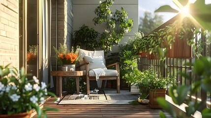 Tiny balcony transforms into serene outdoor oasis, adorned with lush green plants.