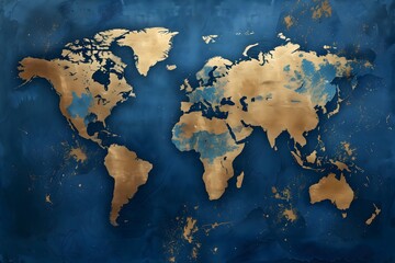 Blue vintage world map illustration brush stroke grunge effect