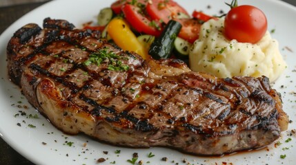 A mouthwatering ribeye steak cooked to perfection, juicy and tender, served with grilled vegetables and mashed potatoes.