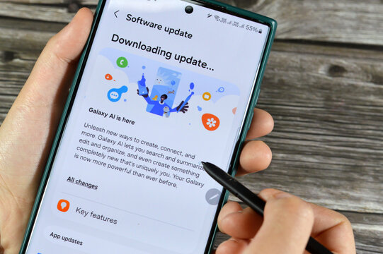 Cairo, Egypt, April 1 2024: Samsung software update for Samsung Flagship cellular phones, Galaxy AI One UI 6.1 upgrade, with security and patch updates and Artificial intelligence, S23 ultra phone