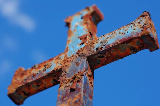 Old rusted metal holy Christian cross, close up macro focus, faith and religion concept
