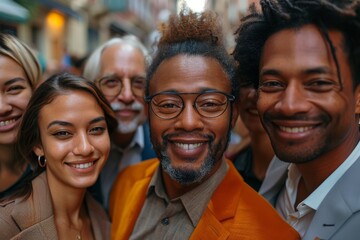 Fototapeta premium A close-up image showcasing a diverse group of adults smiling and looking at the camera