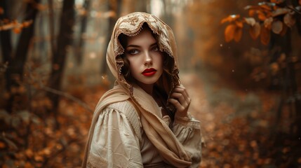 Mysterious woman in mystical orange veil cloak walking in autumn forest wallpaper AI Generated image