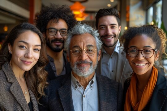An endearing group of different ages posing with a happy senior man in the center, exhibiting generational unity - Powered by Adobe