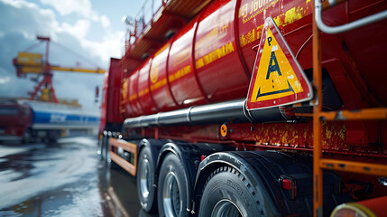 High temperature liquid hazard and miscellaneous hazard label on dangerous goods tank truck
