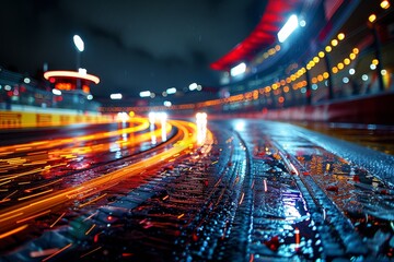 A long exposure shot captures the vivid lights and energetic motion of nighttime city traffic