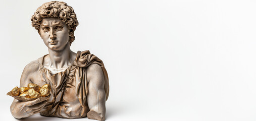 bust of a statue with gold. Greek statue on a white background. Gold nuggets. Pieces of gold on a silver platter