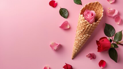 Waffle cone with a pink background and a red rose blossom. Summer concept, flat-laid, top view of flowers background 