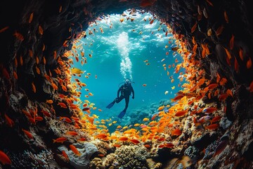 Spectacular view of a diver entering a natural underwater tunnel surrounded by coral and countless orange fish