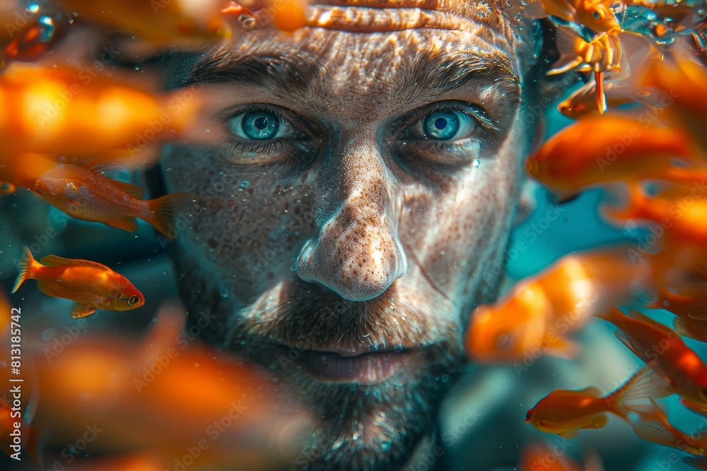 Wall mural An intense close-up of a school of fish moving together with precision in the crystal-clear blue waters of the ocean, depicting marine life beauty