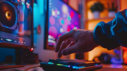 Man hand about to press a play button in a gaming room