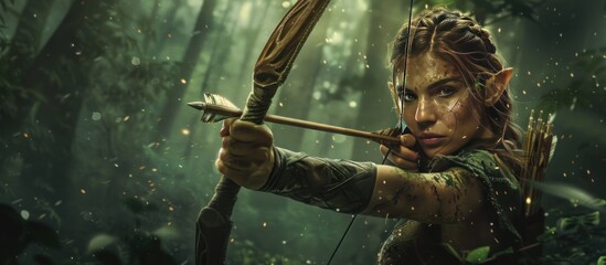 Close up of Elf warrior woman hunting in the forest with arrow pose ready to attack wallpaper AI generated image - obrazy, fototapety, plakaty