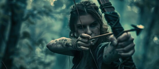 Close up of Elf warrior woman hunting in the forest with arrow pose ready to attack wallpaper AI generated image