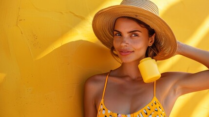 Woman Applying Sun Cream on Tanned Shoulder In Form Of The Sun. Sun Protection.Sun Cream. Skin and Body Care. Girl Using Sunscreen to Skin. Female Holding Suntan Lotion and Moisturizing Sunblock - obrazy, fototapety, plakaty