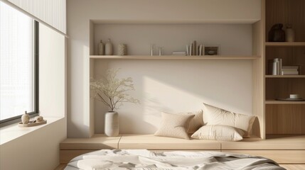 A serene minimalist bedroom with a window seat, built-in shelves, and minimalist decor, offering a peaceful sanctuary.