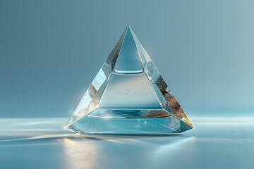 This image features a clear glass pyramid with intricate reflections and light on a smooth blue gradient background