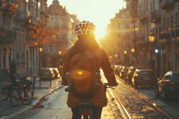 The back of a cyclist with a helmet and orange backpack is highlighted by the sunset as they cycle through a city street