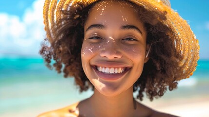Young woman smiling at camera applying sun protection on her lips on the beach - obrazy, fototapety, plakaty