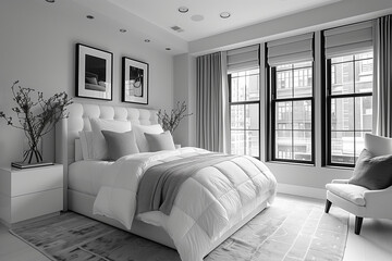 Sleek and Modern Minimalist Bedroom Design with Monochrome Palette in a Luxury New York City Apartment, Enhanced by Morning Light.