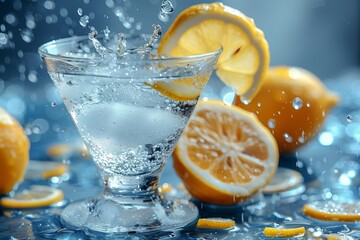 Dynamic close-up of a lemon wedge splashing water in a glass with floating ice cubes - Powered by Adobe