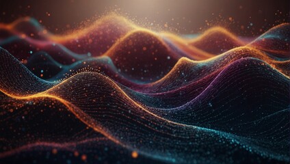 Abstract Waving Particle Technology Background Design. Abstract wave moving dots flow particles, hi-tech and big data background design - generative ai  - obrazy, fototapety, plakaty