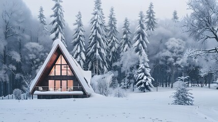 Modern A-frame house cabin in middle of a forest in winter season with house covered in snow