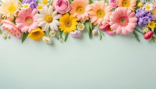 Spring floral composition made of fresh colorful flowers on light pastel background. Festive flower concept created with generative ai.	
