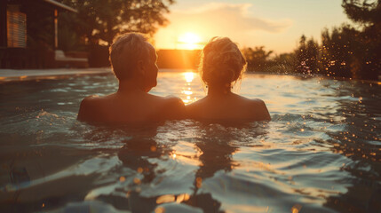  A couple enjoys a tranquil sunset from the comfort of an infinity pool, overlooking a serene landscape, epitomizing relaxation and connection. - Powered by Adobe