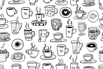 Seamless pattern of cups and mugs in doodle style. I love tea, tea time, coffee time, cup of coffee, mug of tea, travel mug. Mug in hand. Hand drawn. Vector illustration EPS10. Isolated on white 