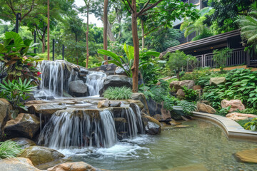 Naklejka premium A peaceful sanctuary where guests can unwind amidst cascading waterfalls and lush greenery, enveloped in a sense of serenity and calm. Concept of escape and rejuvenation. Generative Ai.