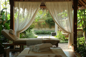 Fototapeta premium A tranquil retreat nestled in the heart of nature, where guests can relax with invigorating massages and soothing facials amidst the beauty of the outdoors. Generative Ai.