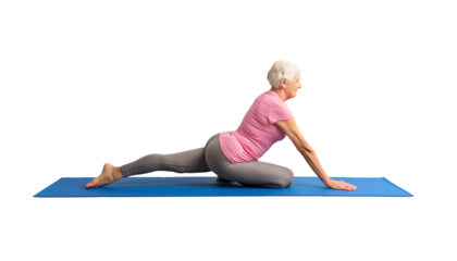 Senior woman doing workout isolated on transparent background. Cut out illustration with gray haired woman doing morning exercises. 60 years old lady is doing stretching on the mat. Healthy lifestyle
