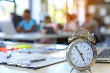 Close-up of an alarm clock on a desk in an office with people working behind, coaching on time...