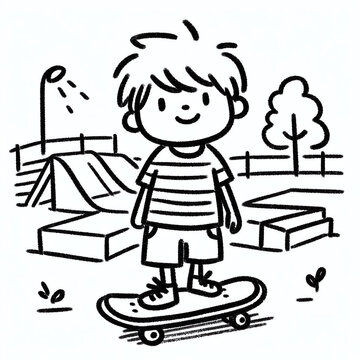 recommend clip art: cute outline drawing illustration of a kid with skateboard at skate park, on white background