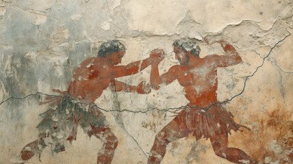 Ancient Greek or Roman wrestling, old wall painting with two fighting men, vintage cracked fresco. Theme of art, Greece, Rome, sport, competition, game